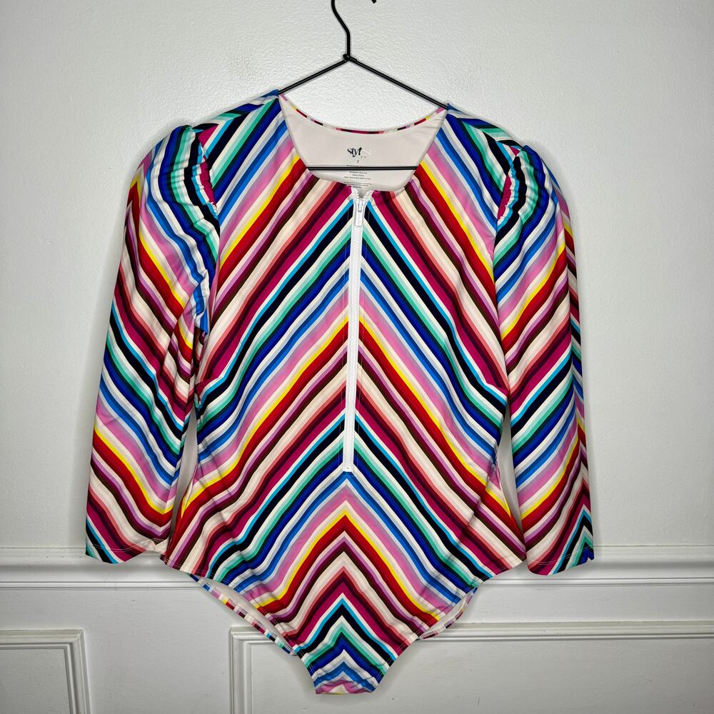Stylest DreamSculpt Puff Sleeve Stripe Zip Shape wear Swim Suit Womens 2X Plus